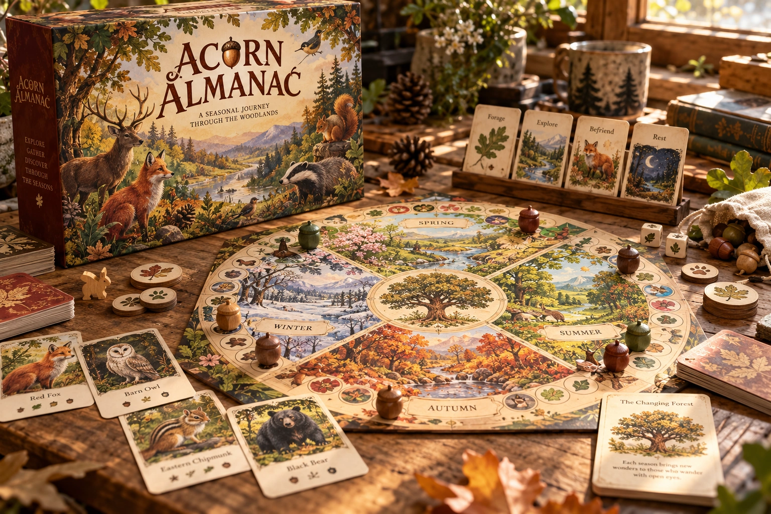 Acorn Almanac, physical board game and playing pieces
