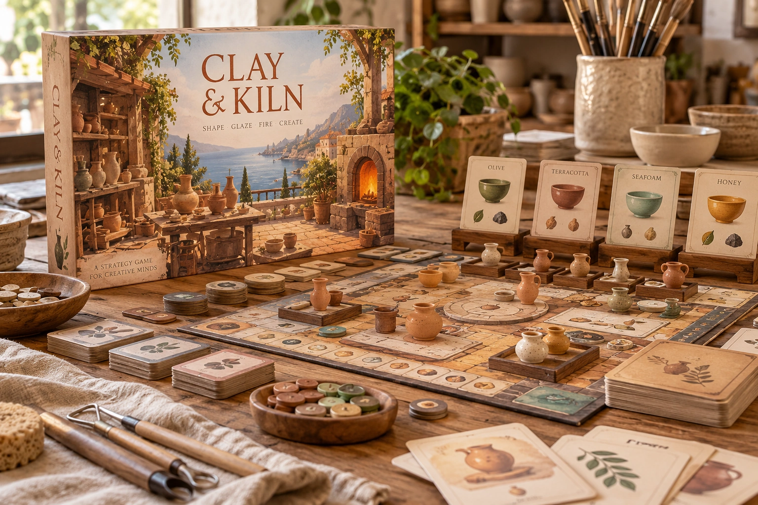 Clay & Kiln, physical board game and playing pieces