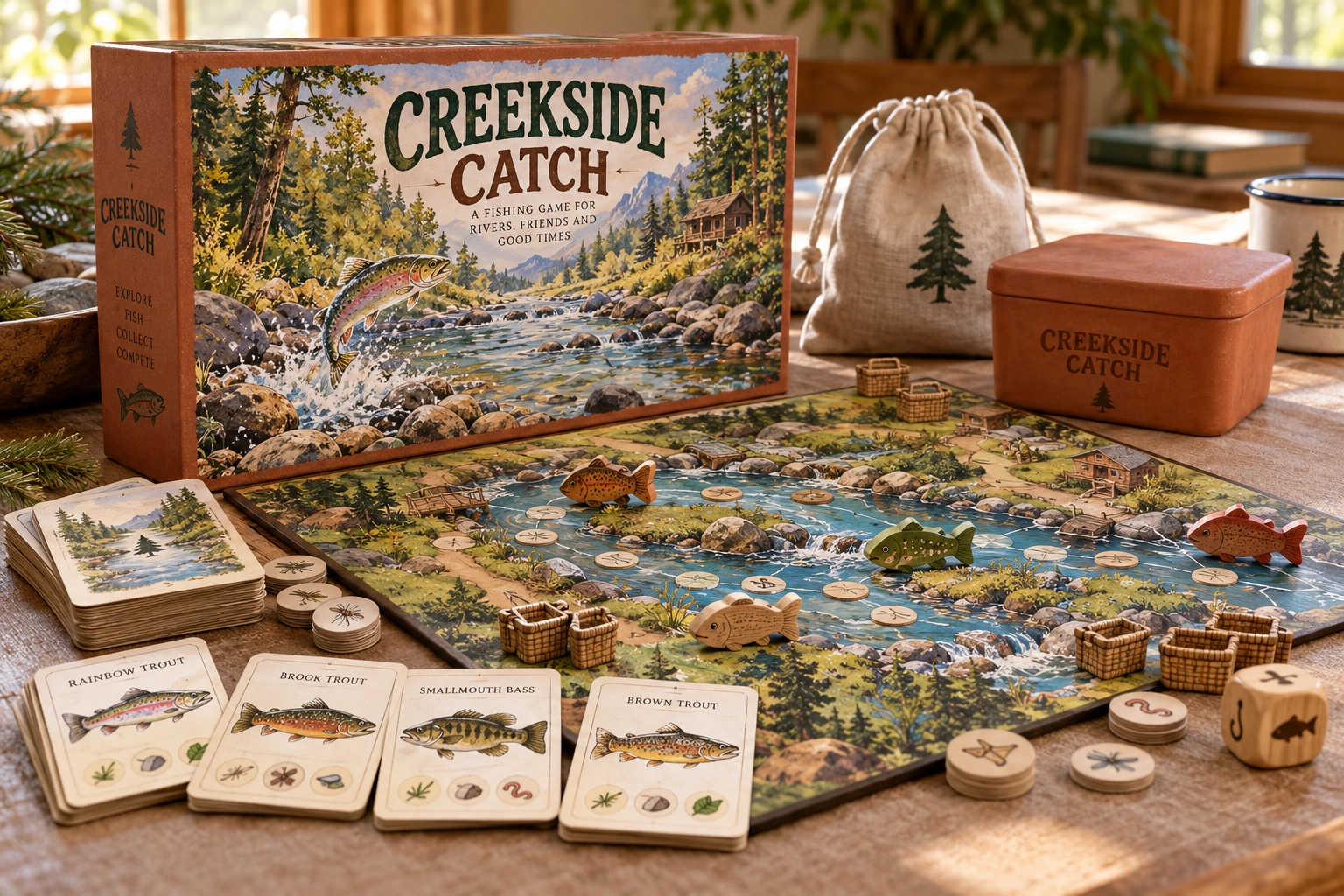 Creekside Catch, physical board game and playing pieces