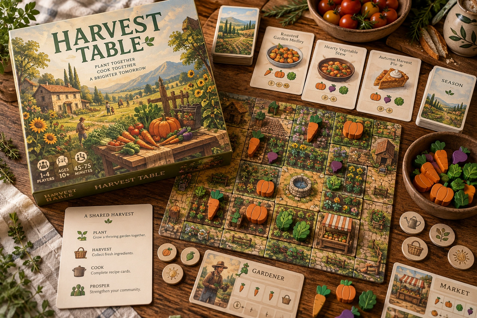 Harvest Table, physical board game and playing pieces