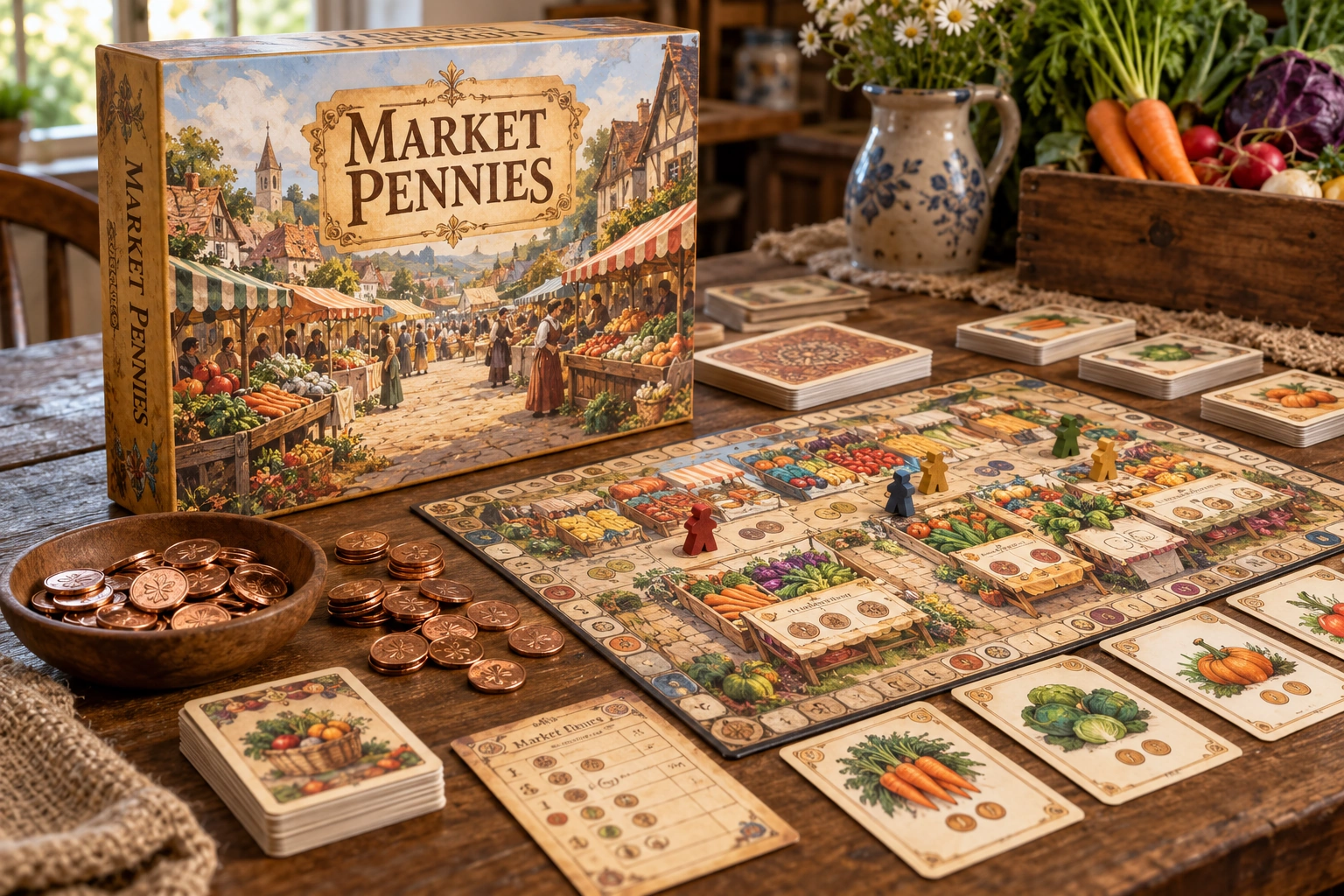 Market Pennies, physical board game and playing pieces