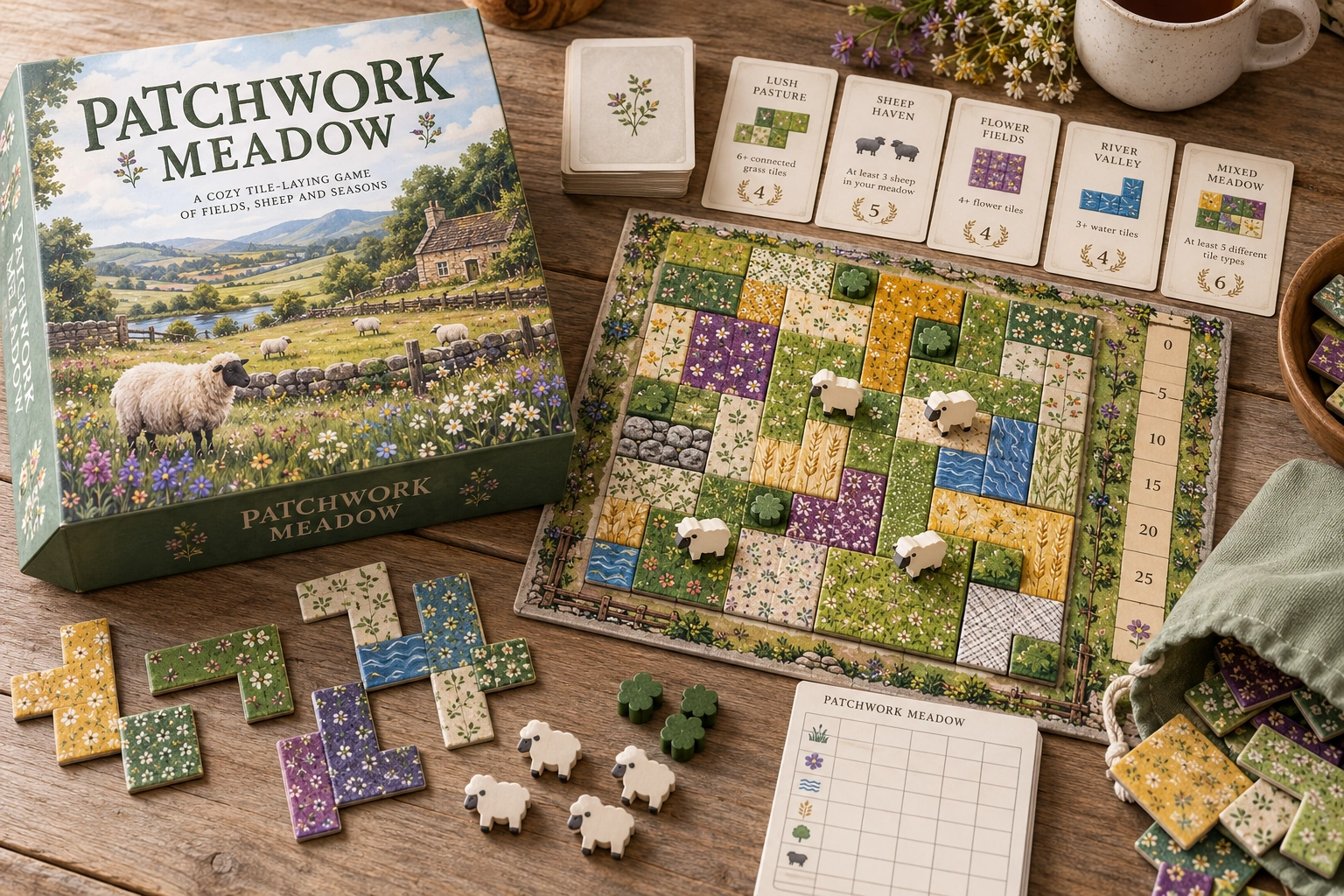Patchwork Meadow, physical board game and playing pieces